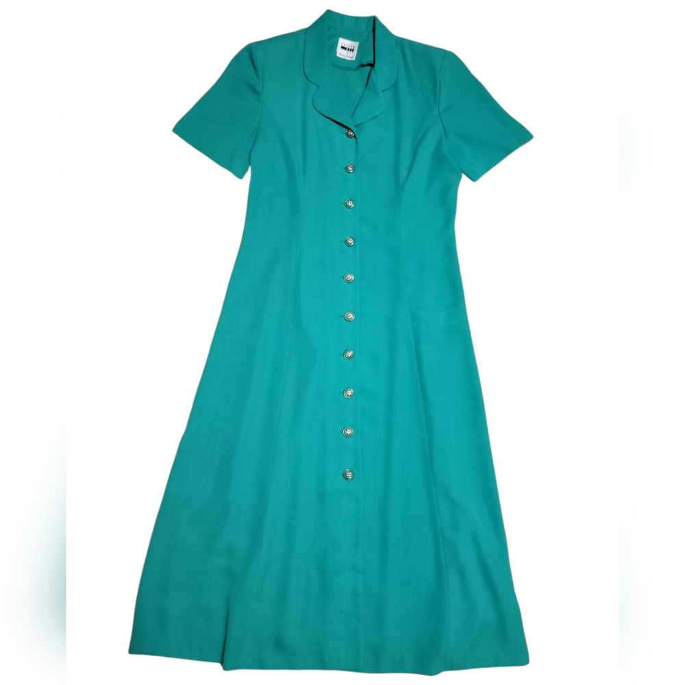 Leslie Fay Green A-line Long Dress. Size 14 Vintage 90s Shoulder Pads Buttons Up